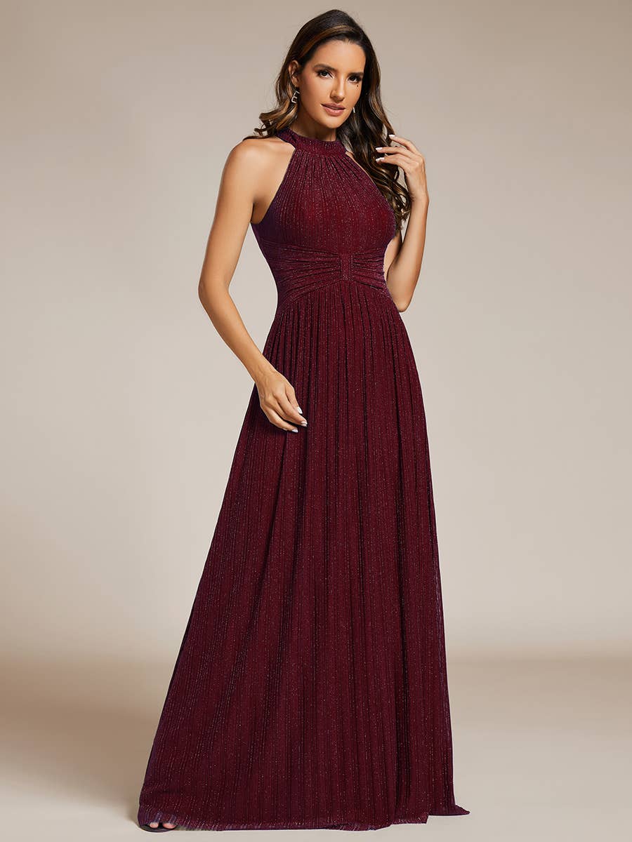 Glittery Halter Neck Pleated Formal Evening Dress