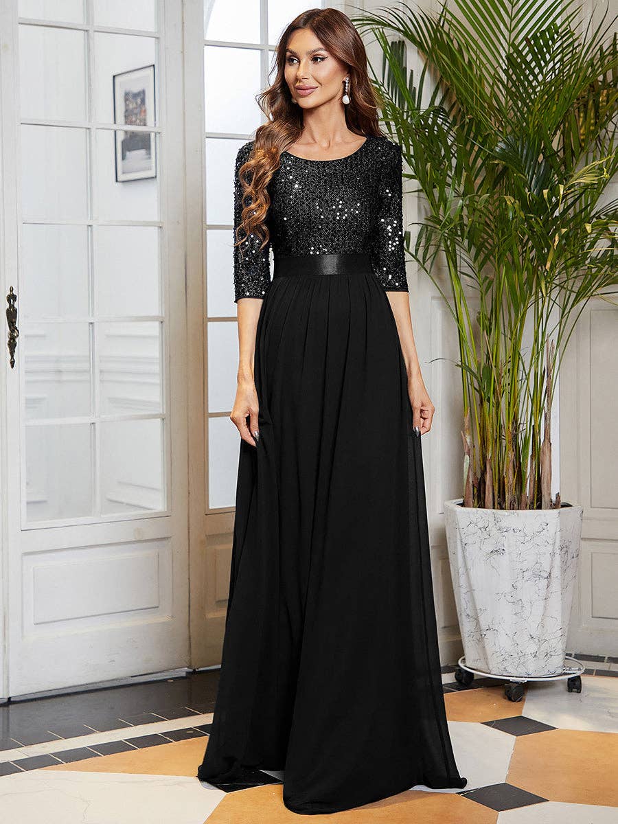 Elegant Round Neckline Sequins Patchwork Dress