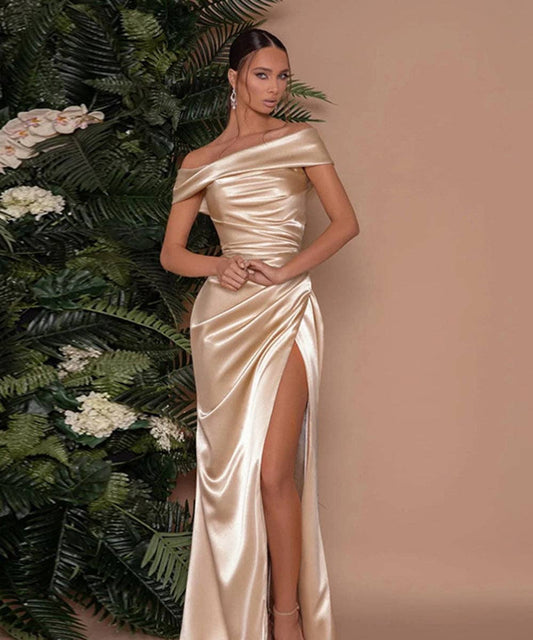 Asymmetric High-Slit Evening Dress