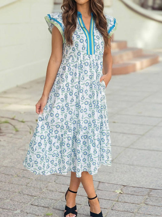 Floral Striped Patchwork Trim Flutter Sleeve Long Dress
