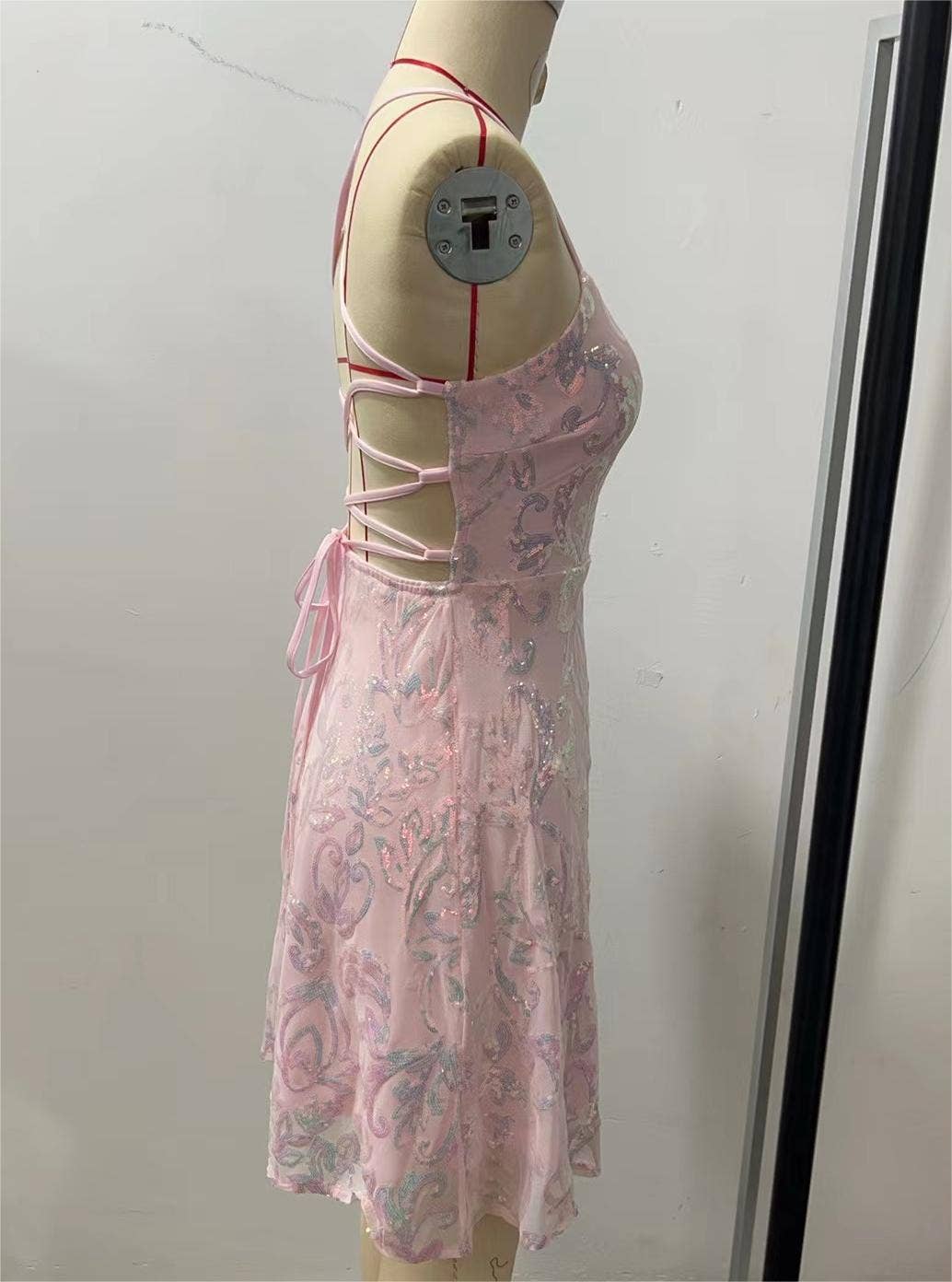 Backless embroidery sequin strap dress