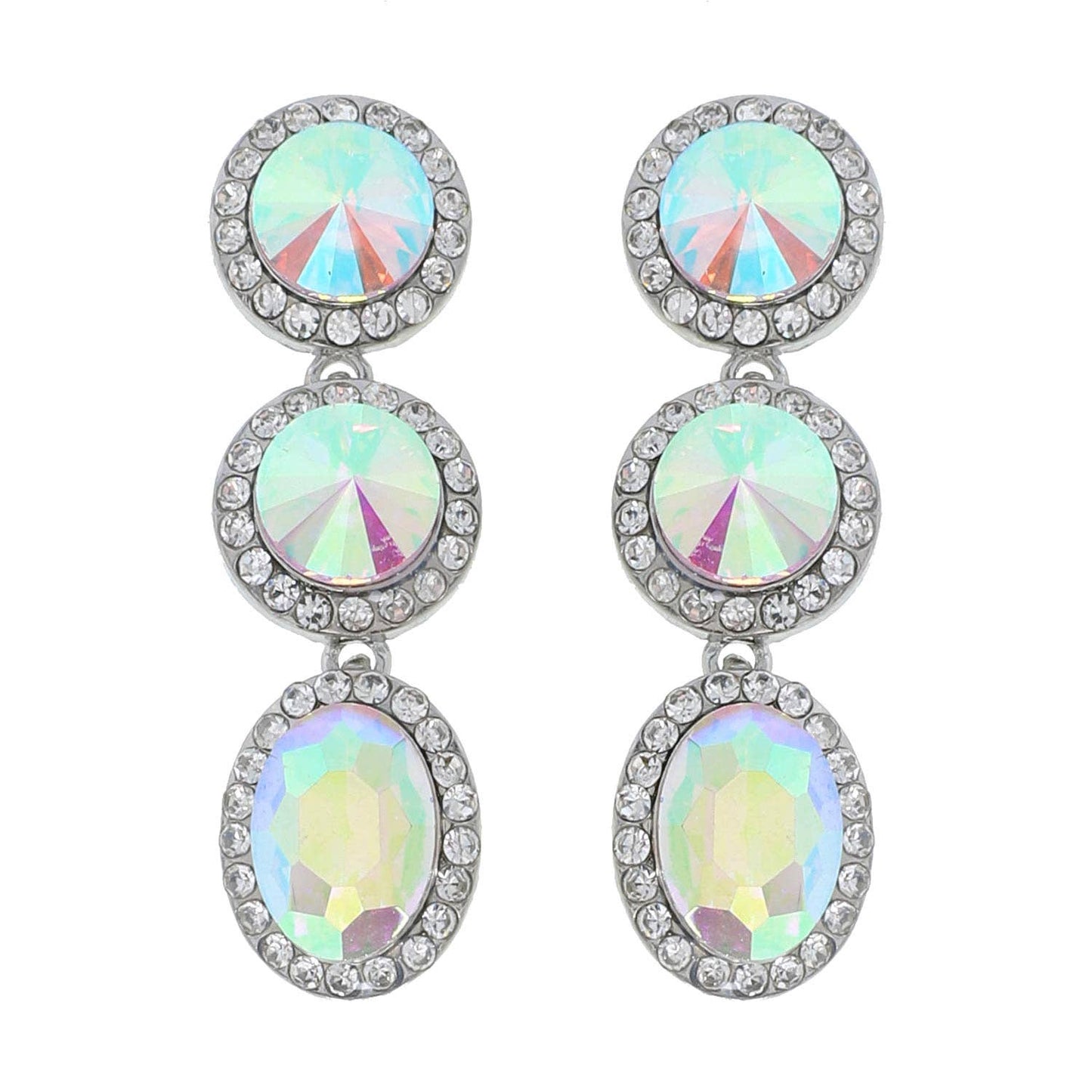 Triple Tier Circle & Oval Rhinestone w/ Halo Dangle Earrings