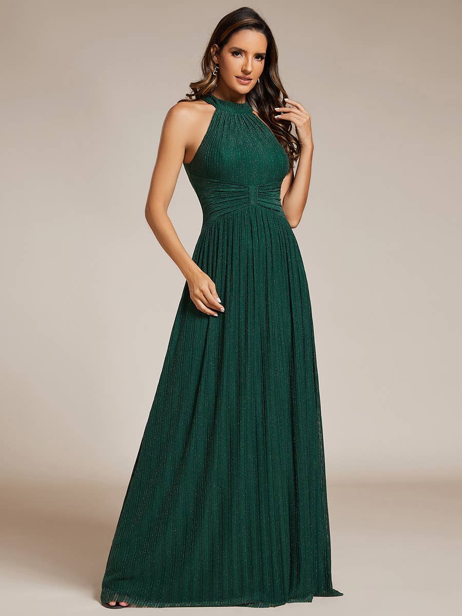 Glittery Halter Neck Pleated Formal Evening Dress