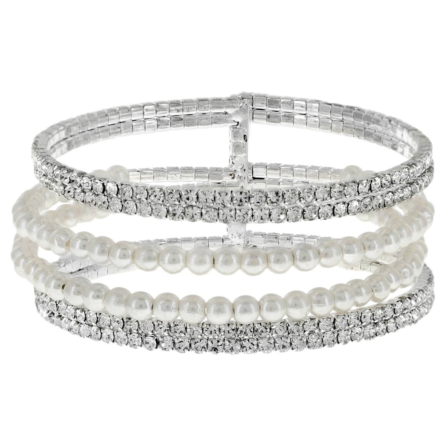 Rhinestone Pave & Pearls Multi Layer Bridal Cuff Bracelet