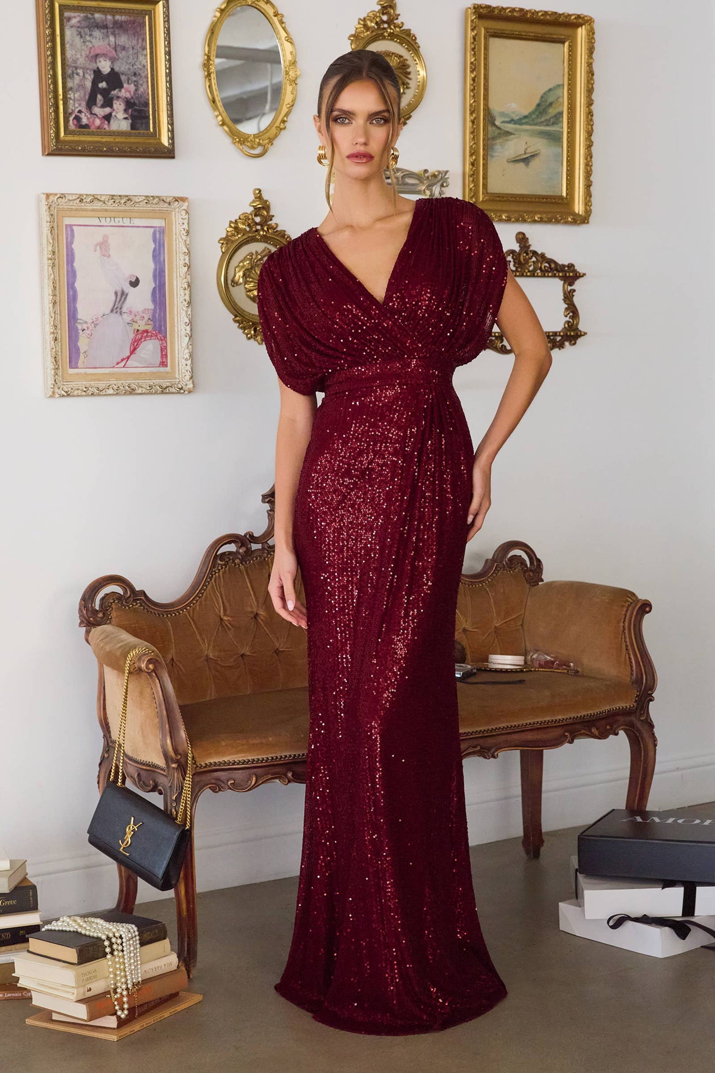 SEQUIN SHEATH DRESS WITH DRAPED SLEEVES