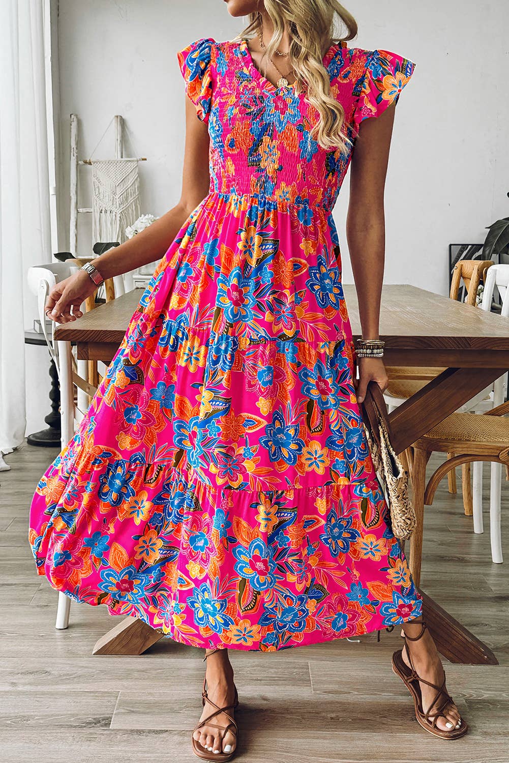 Boho Floral V Neck Ruffle Sleeve Dress