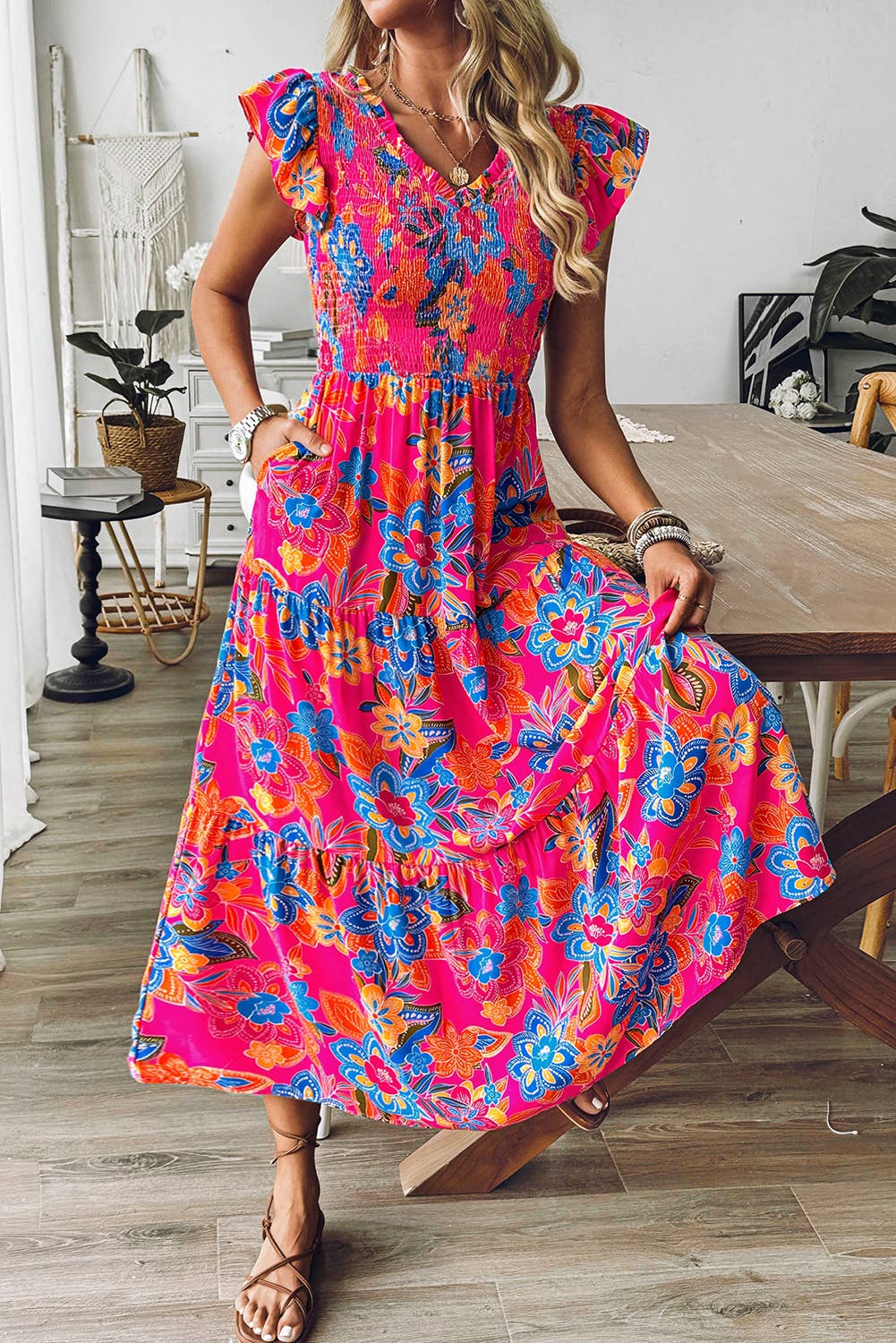 Boho Floral V Neck Ruffle Sleeve Dress
