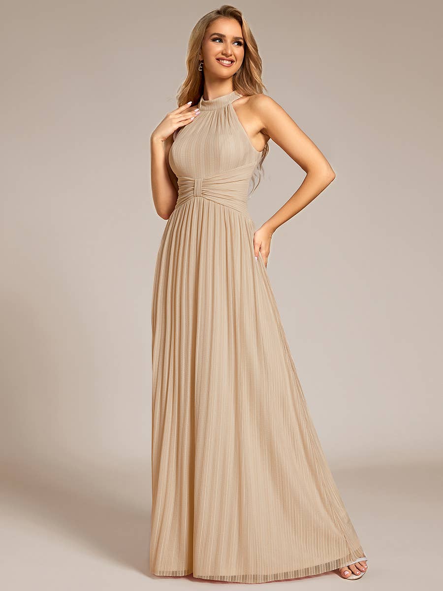 Glittery Halter Neck Pleated Formal Evening Dress