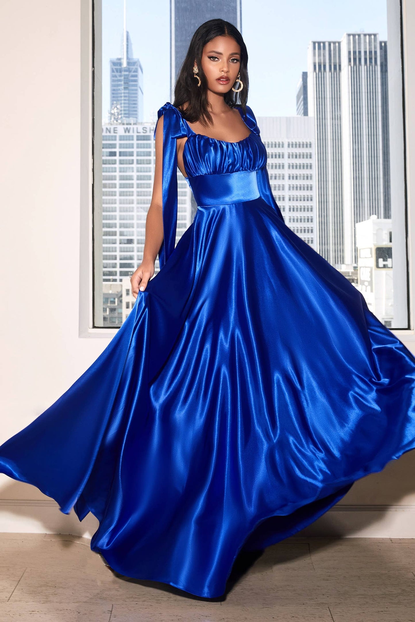 SATIN shoulder bows floor length dress