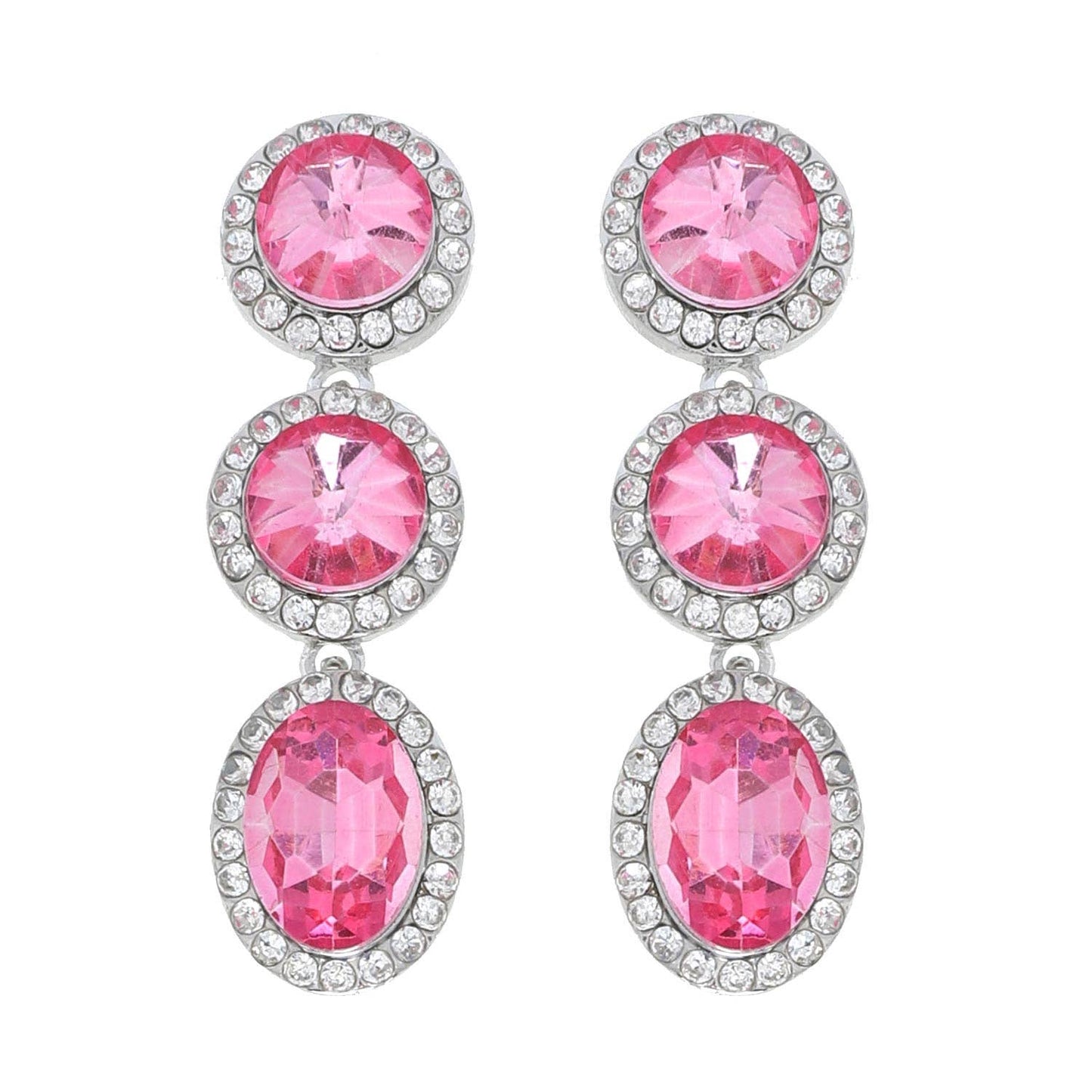 Triple Tier Circle & Oval Rhinestone w/ Halo Dangle Earrings