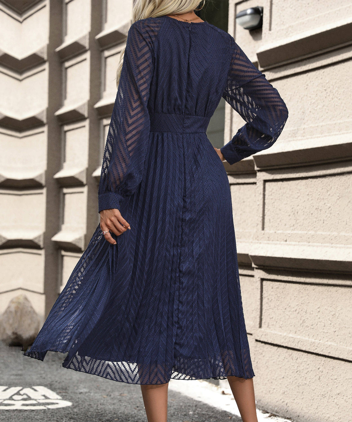 Pleated Long Sleeve V-Neck Midi Dress