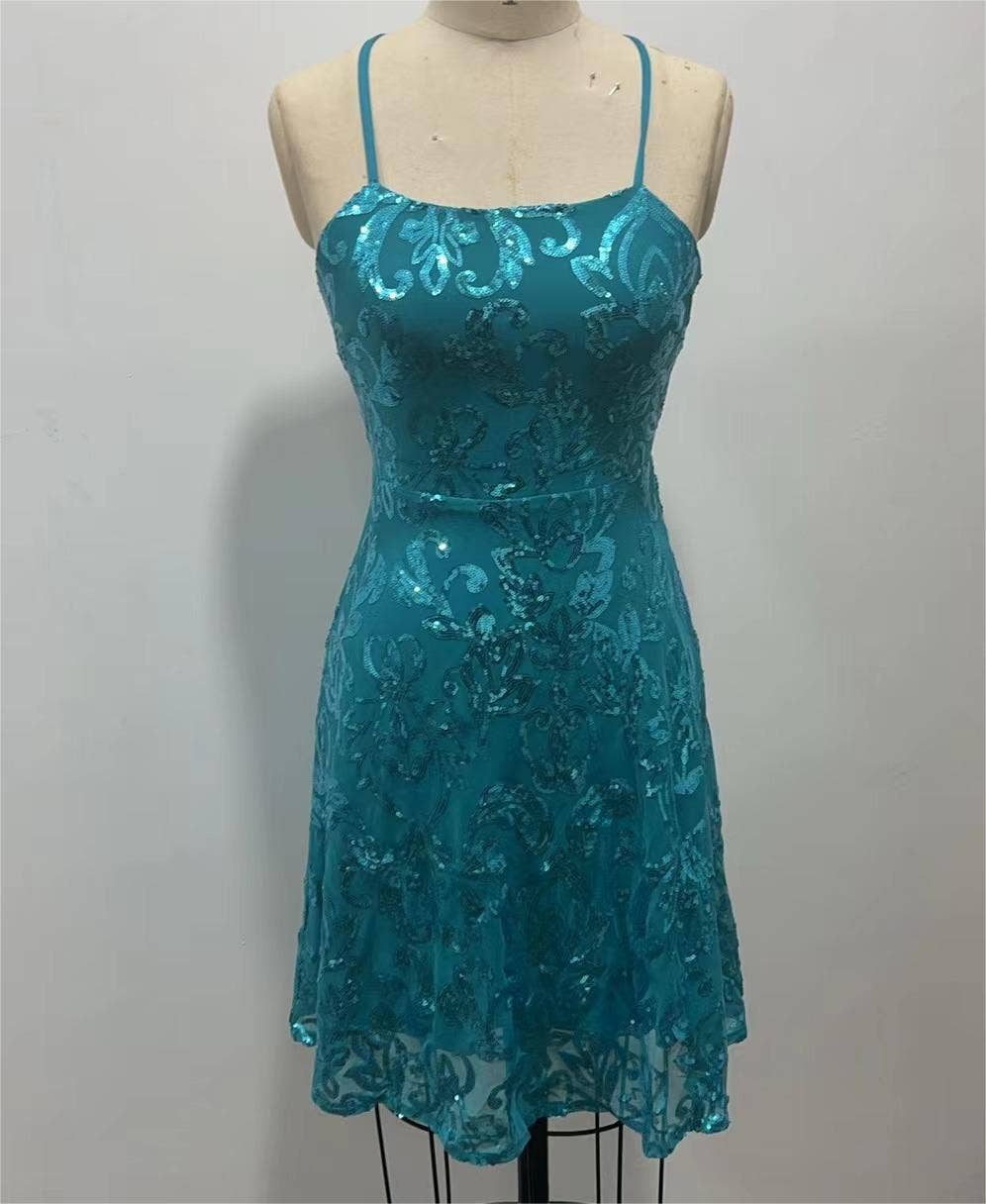 Backless embroidery sequin strap dress