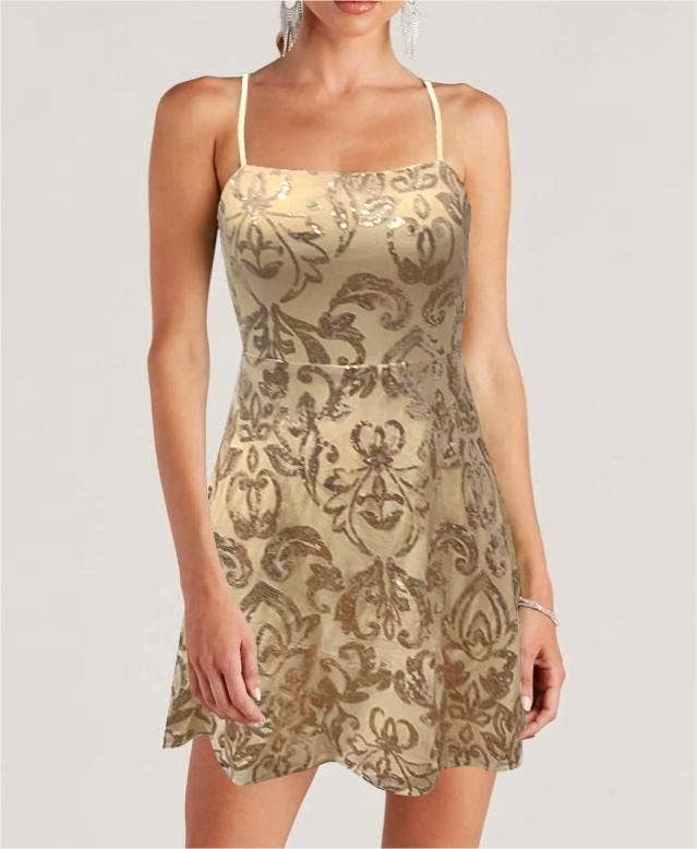 Backless embroidery sequin strap dress