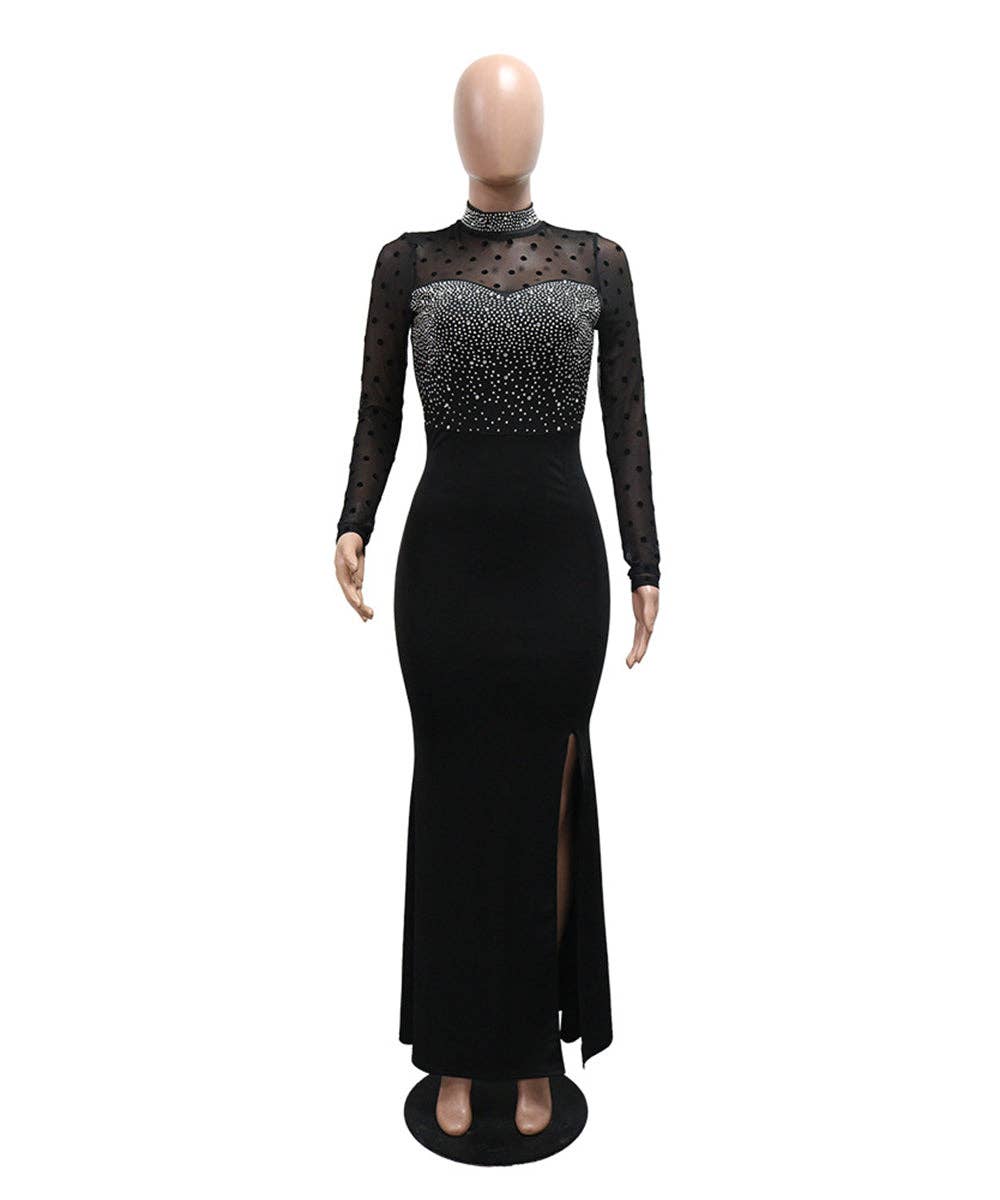 Beaded Mesh Panel Cinched Waist Evening Dress