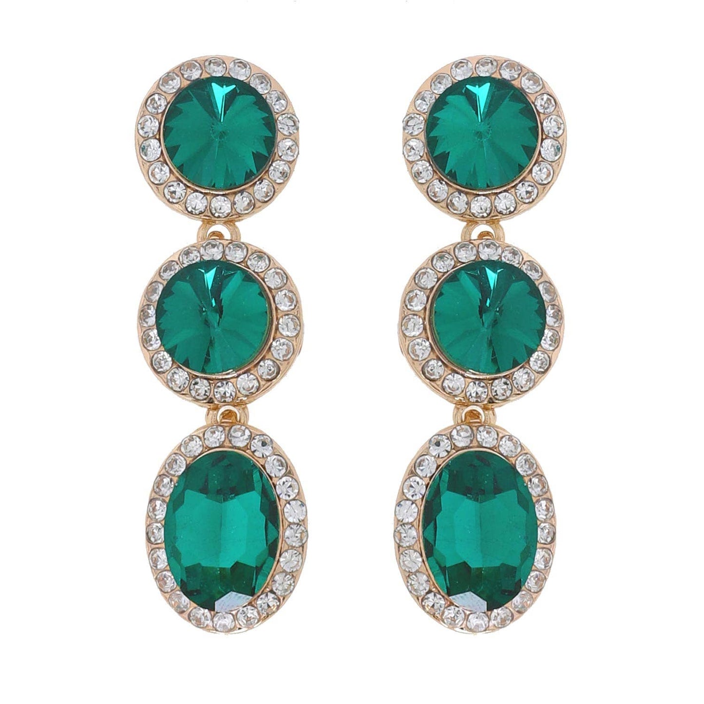 Triple Tier Circle & Oval Rhinestone w/ Halo Dangle Earrings