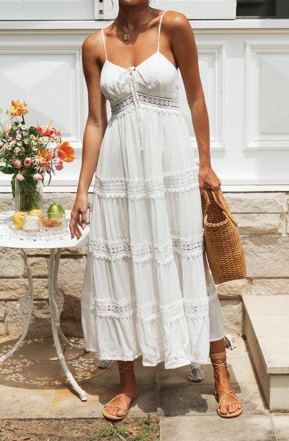 Boho Lace-Trimmed White Maxi Sundress