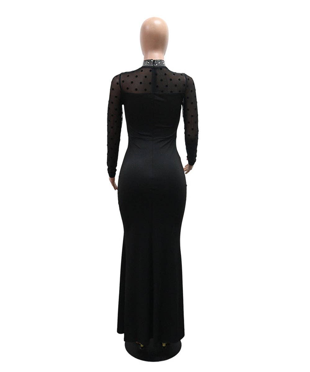 Beaded Mesh Panel Cinched Waist Evening Dress