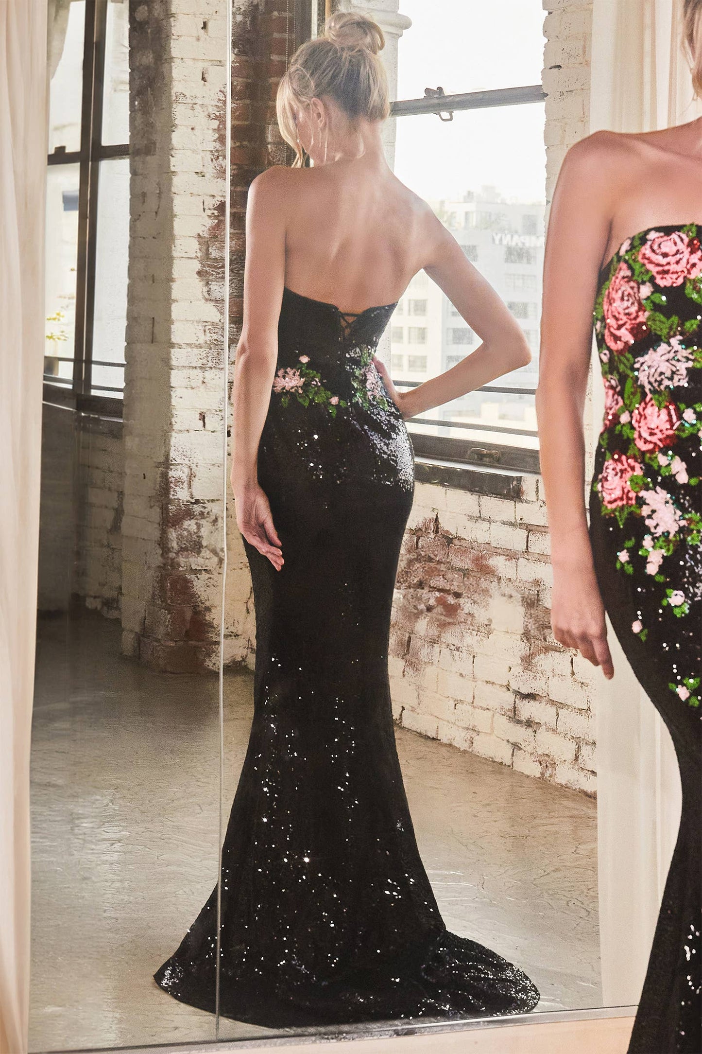 STRAPLESS FLORAL PATTERNED SEQUIN DRESS