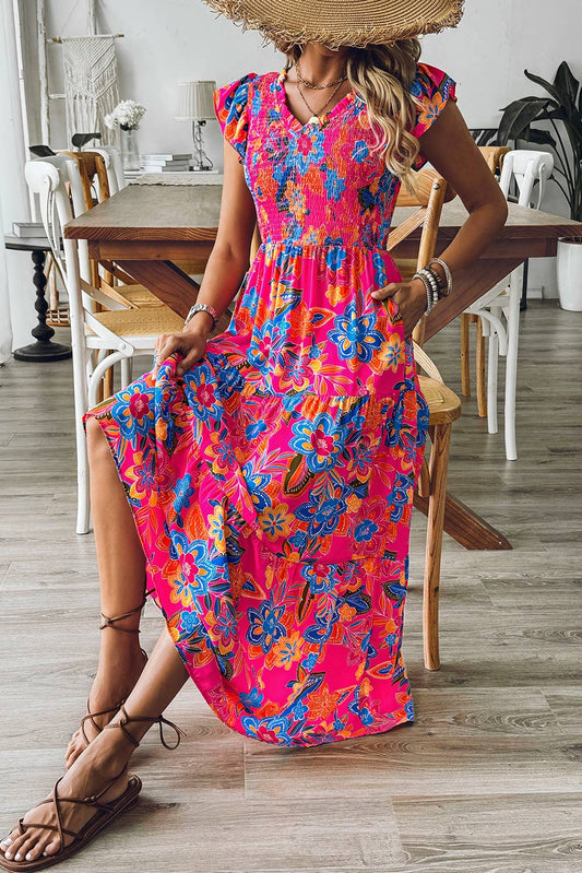 Boho Floral V Neck Ruffle Sleeve Dress