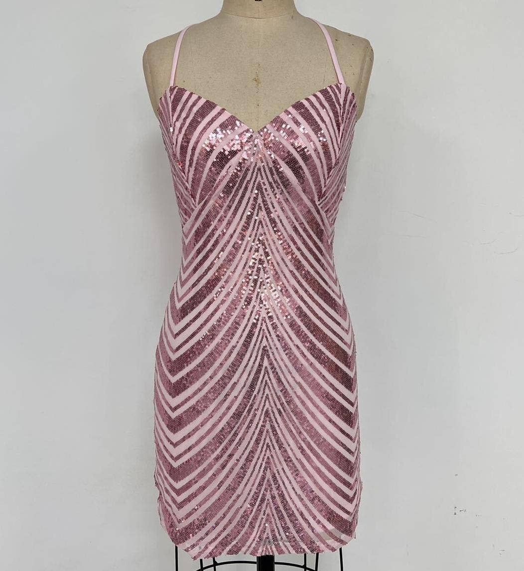 Sexy embroidery line patterns mini sequin party dress