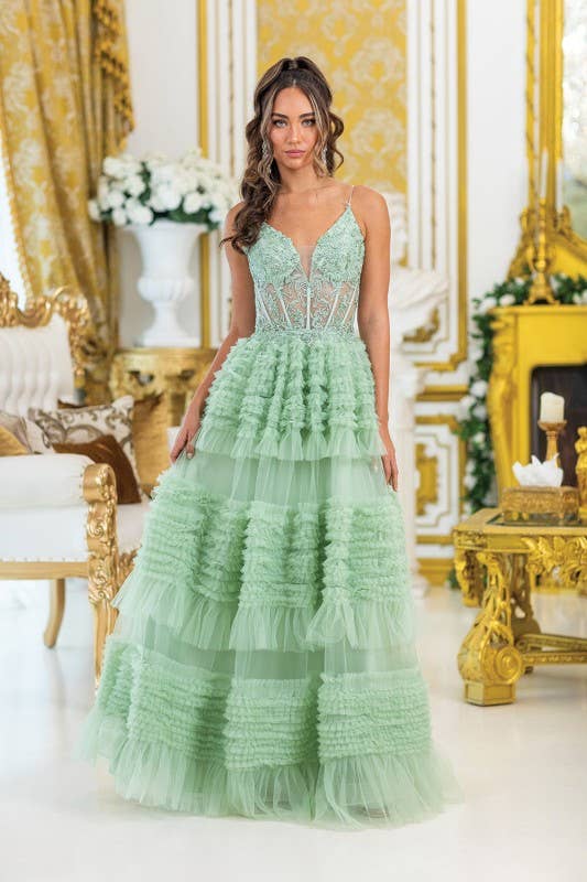 Corset Top with Layered Ruffle Skirt Prom Dress