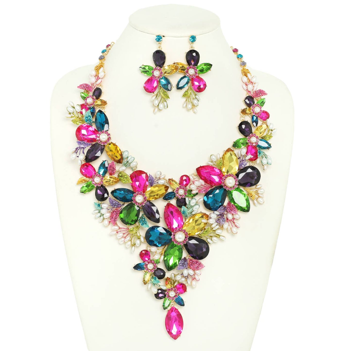 Rhinestone Crystal Pearl Statement Necklace Set