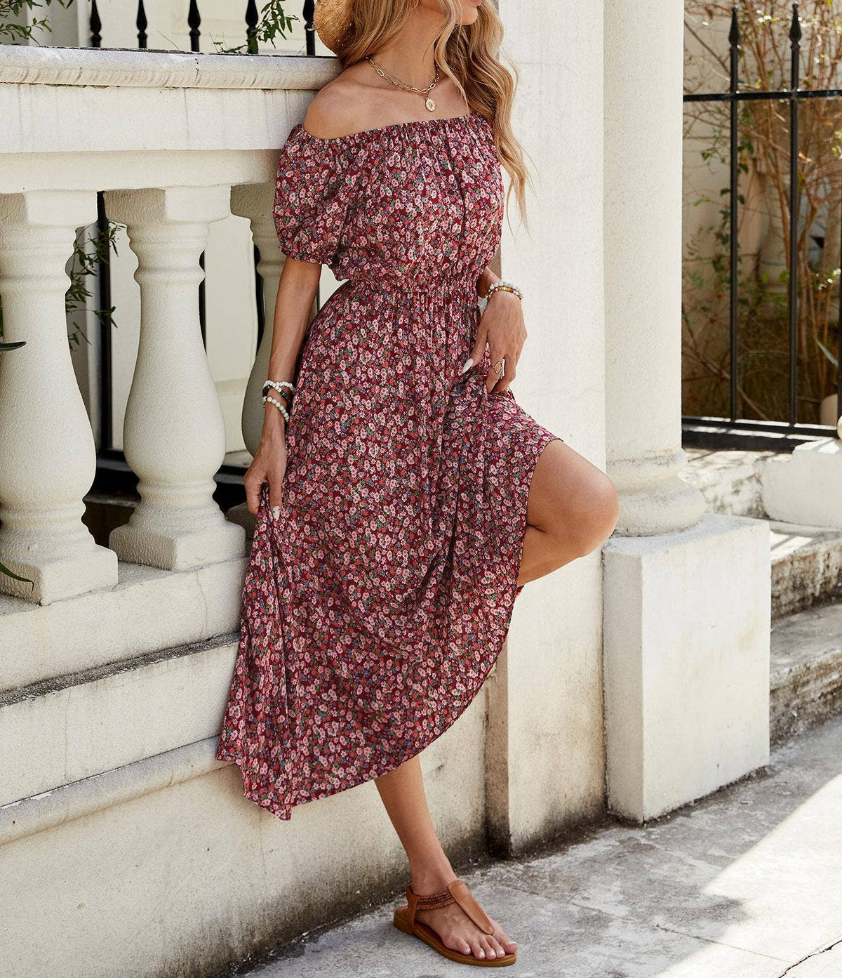 Rust-Red Ditsy Floral Off-Shoulder Maxi Dress