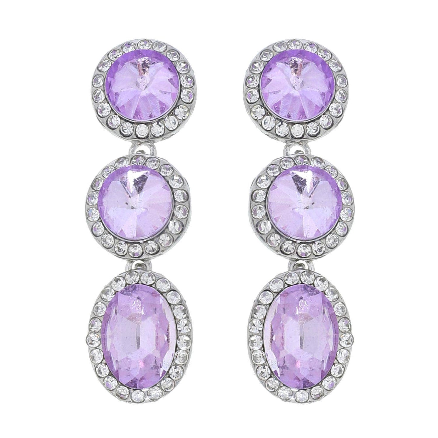 Triple Tier Circle & Oval Rhinestone w/ Halo Dangle Earrings