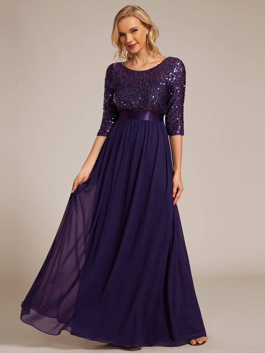 Elegant Round Neckline Sequins Patchwork Dress
