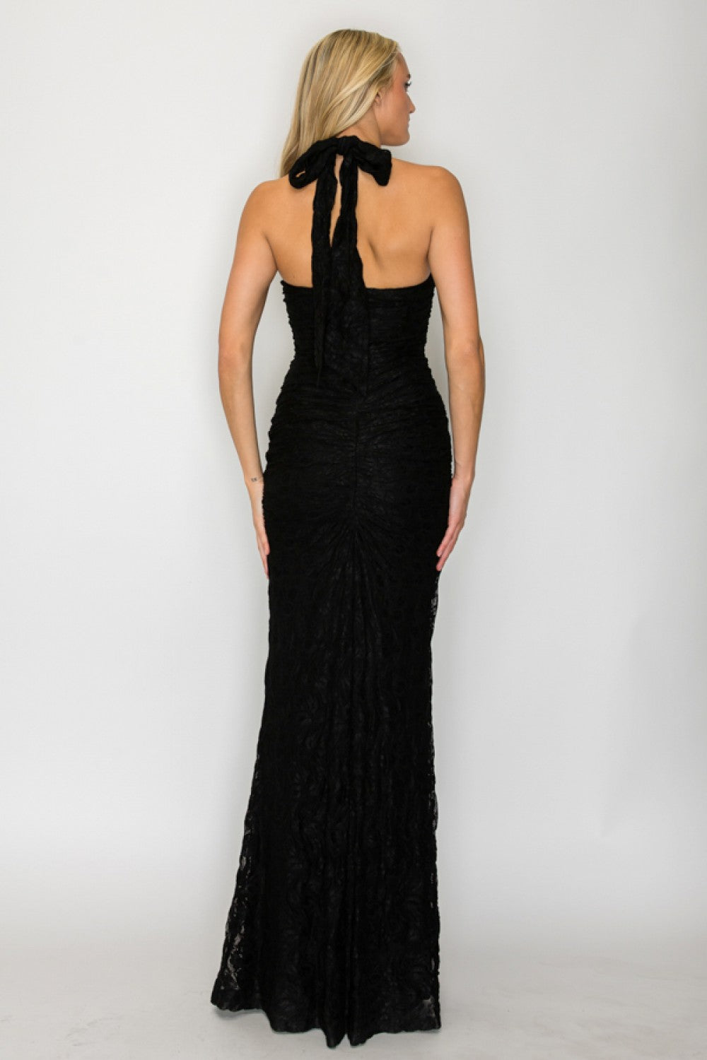 Solid Lace Halter Runched Maxi