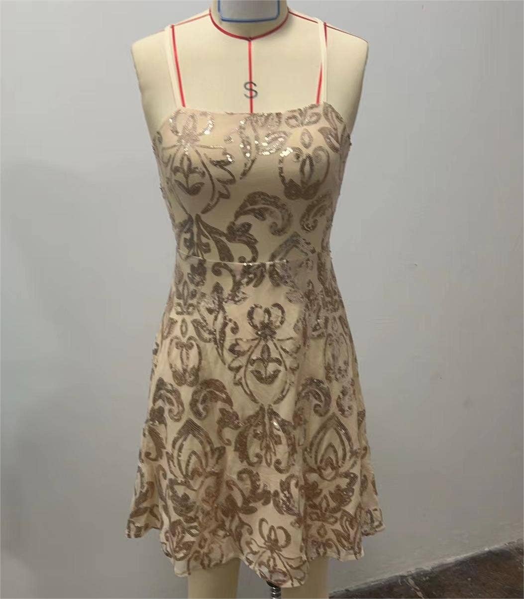 Backless embroidery sequin strap dress
