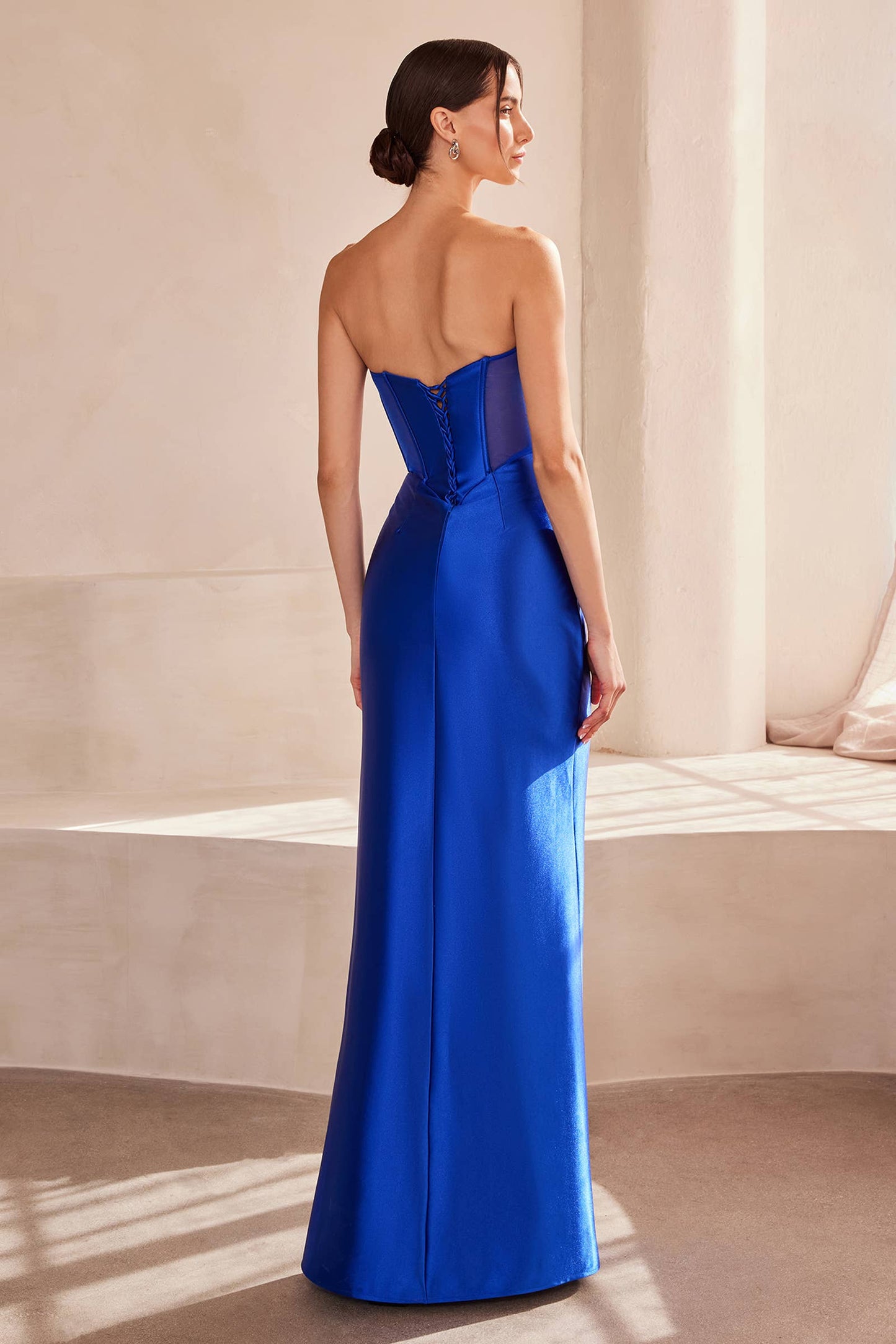 SATIN STRAPLESS FITTED SHEER BODICE DRESS WITH SLIT
