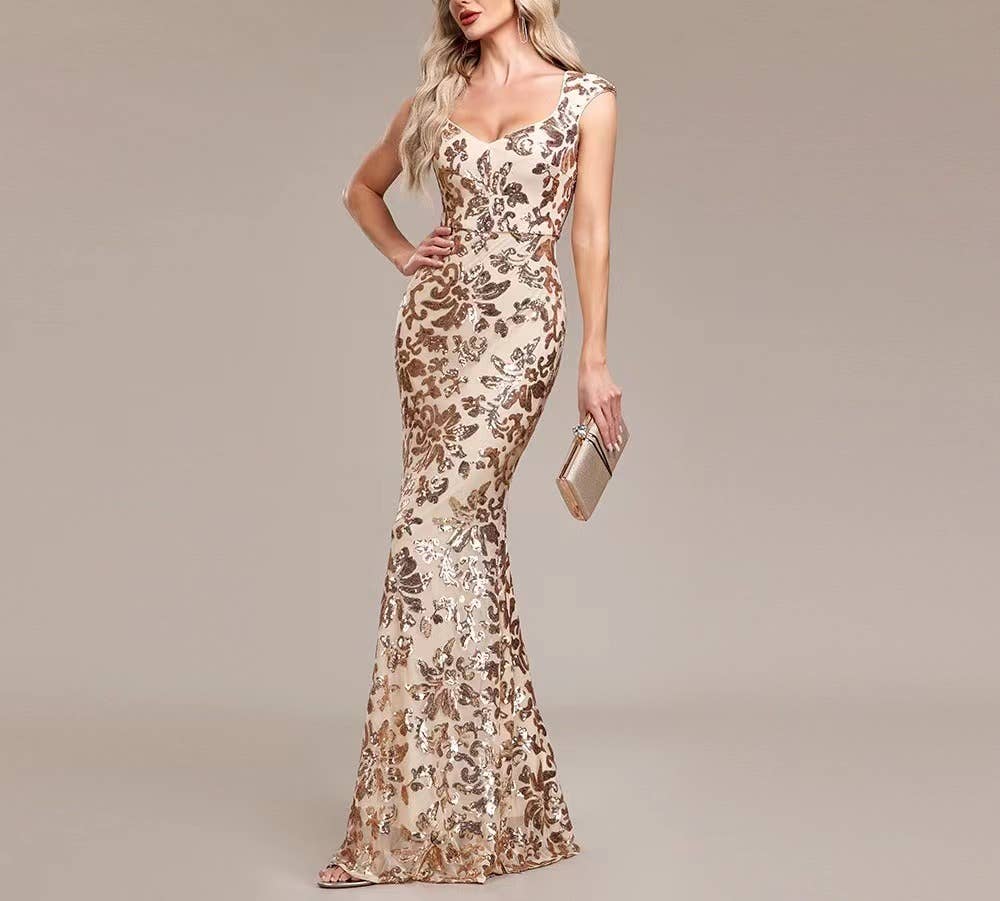 Rose Gold Sequin Mermaid Elegance - Evening Gown