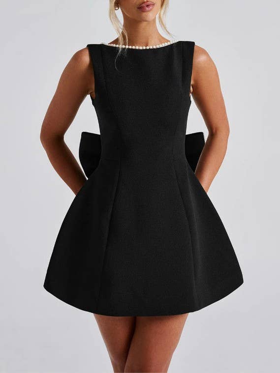 Bow-Back Mini Dress with Pearl Embellishments for Parties