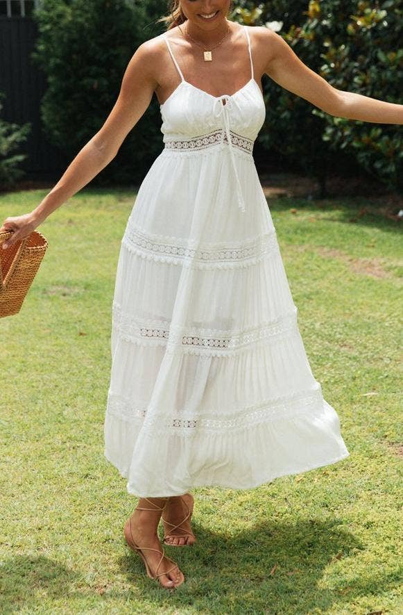 Boho Lace-Trimmed White Maxi Sundress