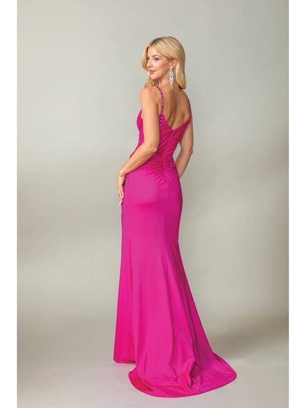 Sheer Beaded Side Slit Prom Dress