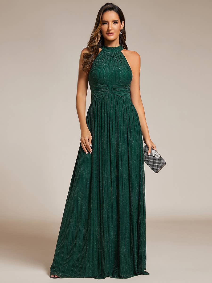 Glittery Halter Neck Pleated Formal Evening Dress