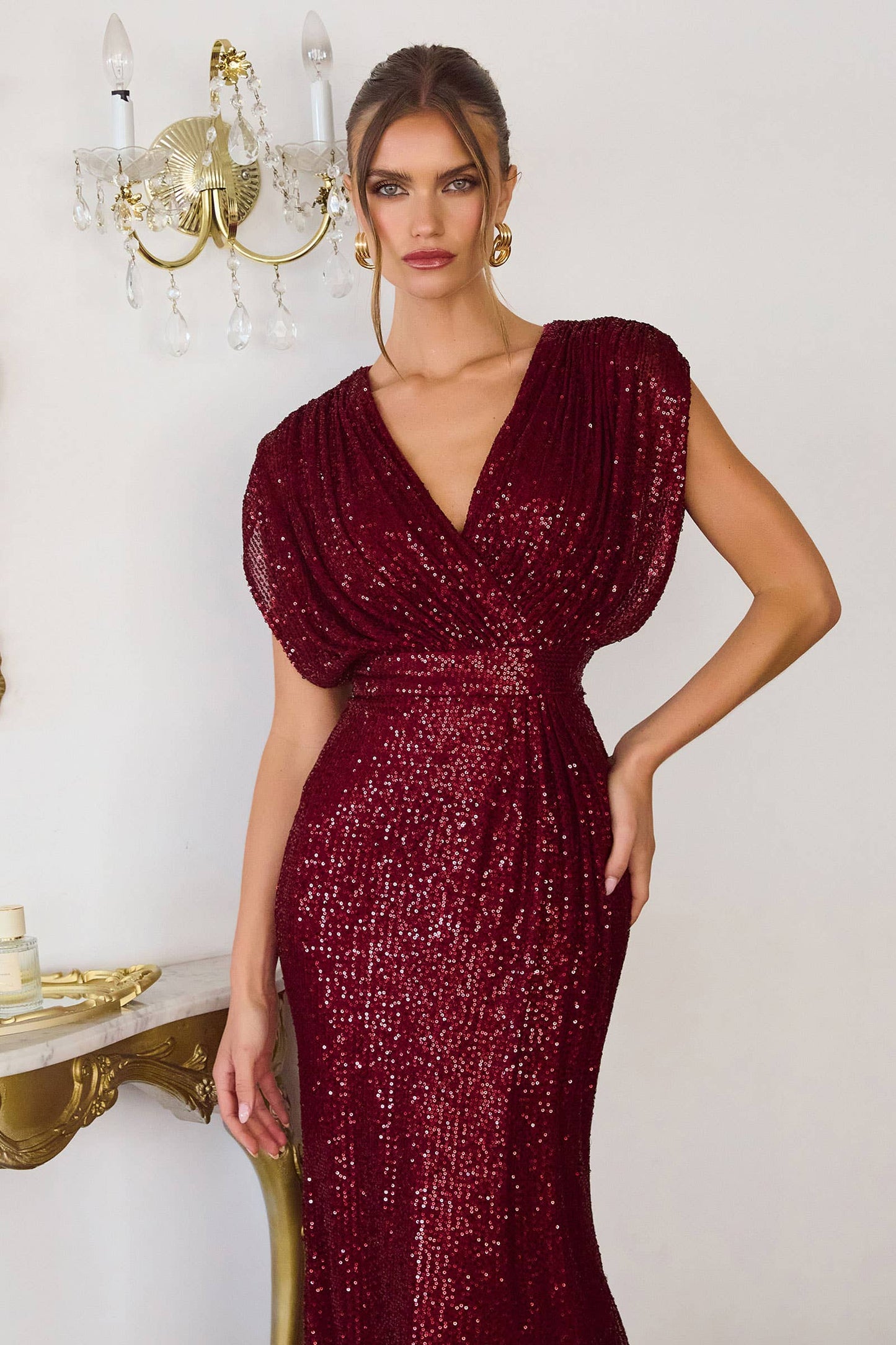 SEQUIN SHEATH DRESS WITH DRAPED SLEEVES