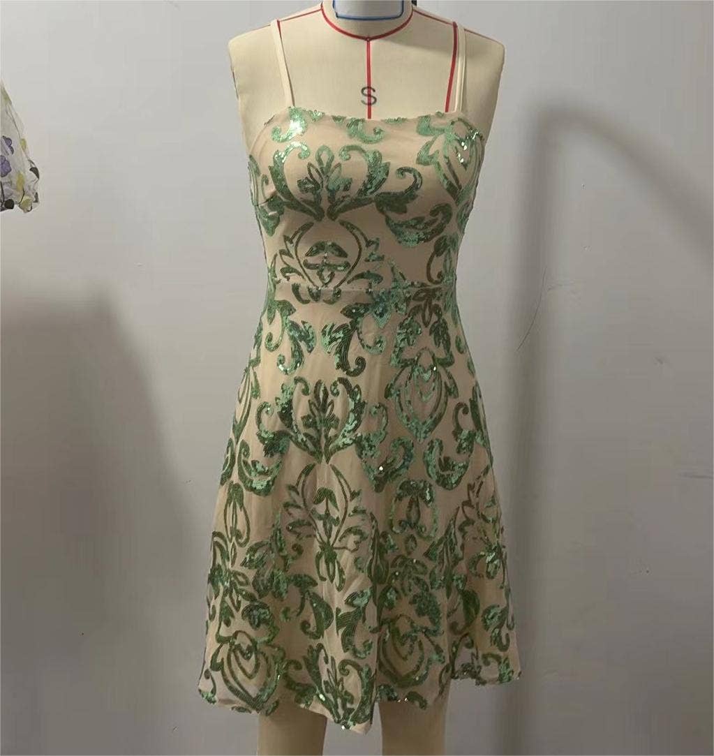 Backless embroidery sequin strap dress