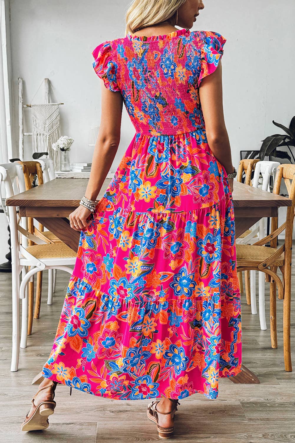 Boho Floral V Neck Ruffle Sleeve Dress