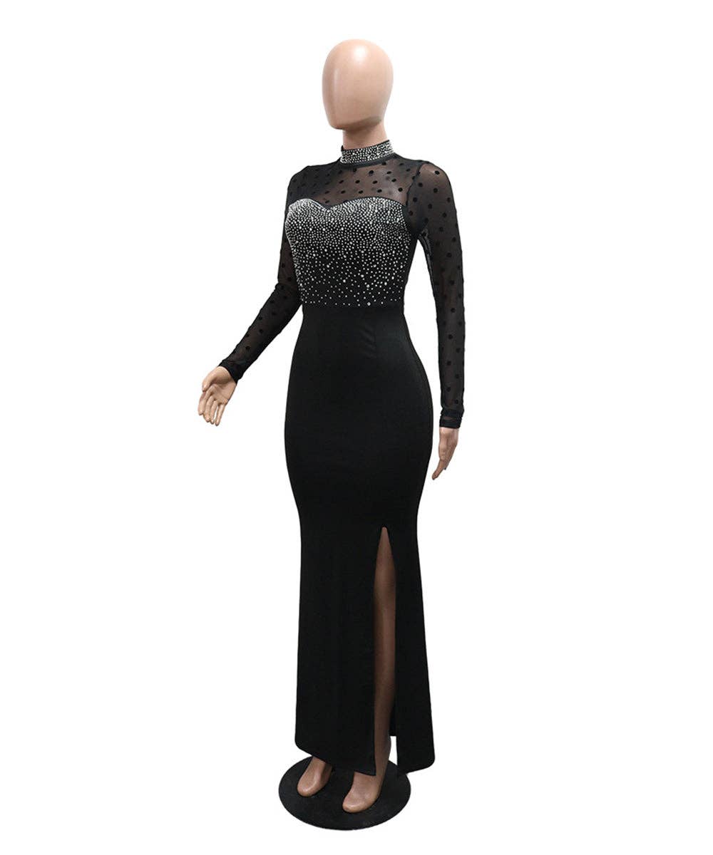 Beaded Mesh Panel Cinched Waist Evening Dress