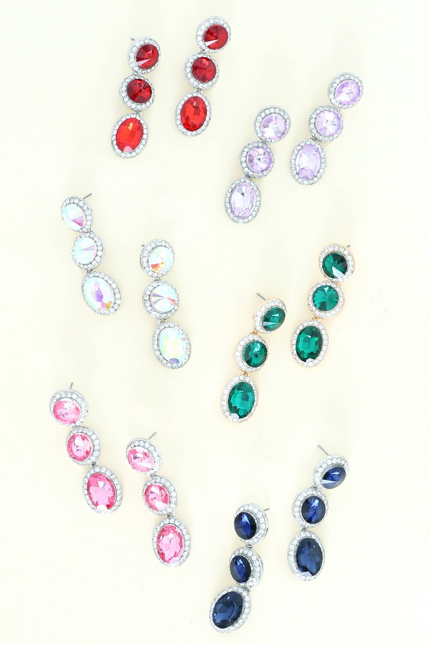 Triple Tier Circle & Oval Rhinestone w/ Halo Dangle Earrings
