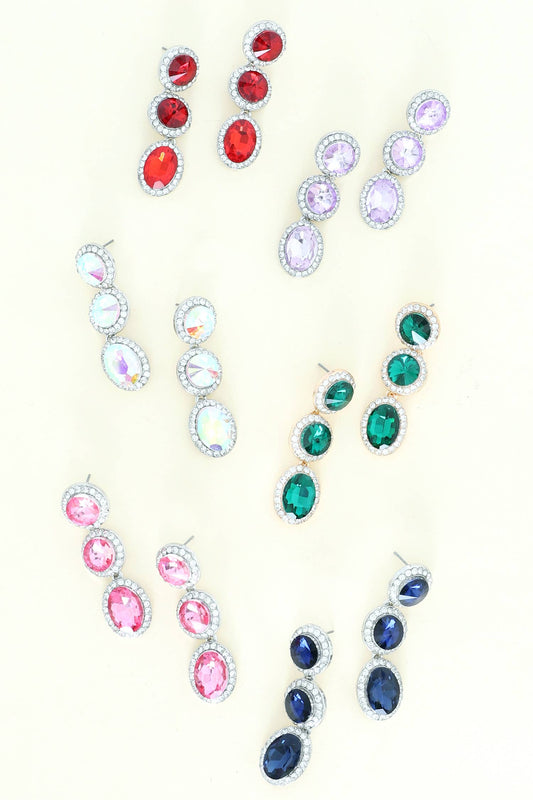 Triple Tier Circle & Oval Rhinestone w/ Halo Dangle Earrings