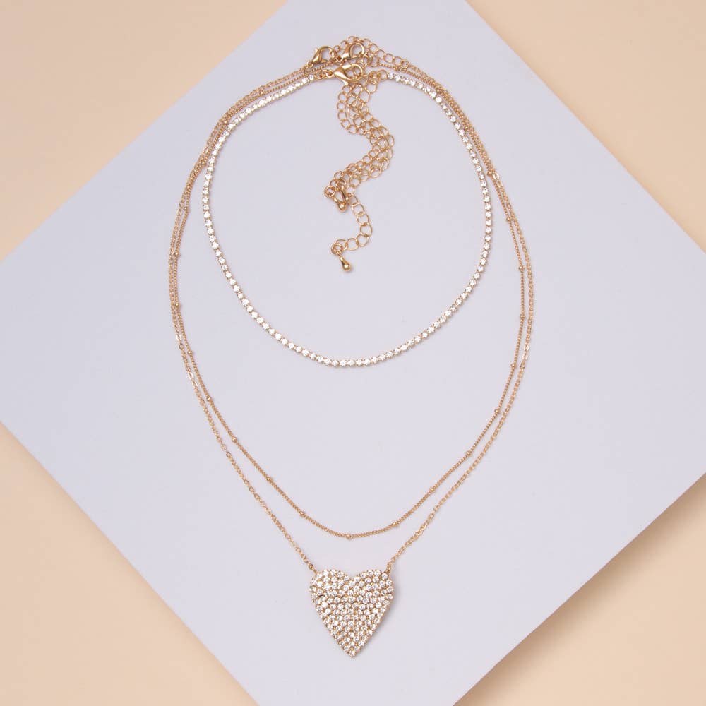 Layered Heart Necklace with Rhinestone Heart Pendant