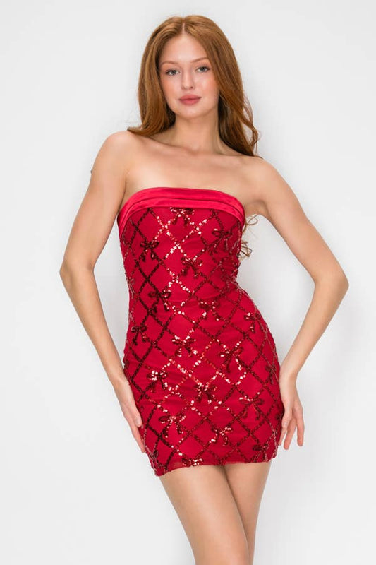 RIBBON SEQUIN SATIN CROSSED BACK MINI