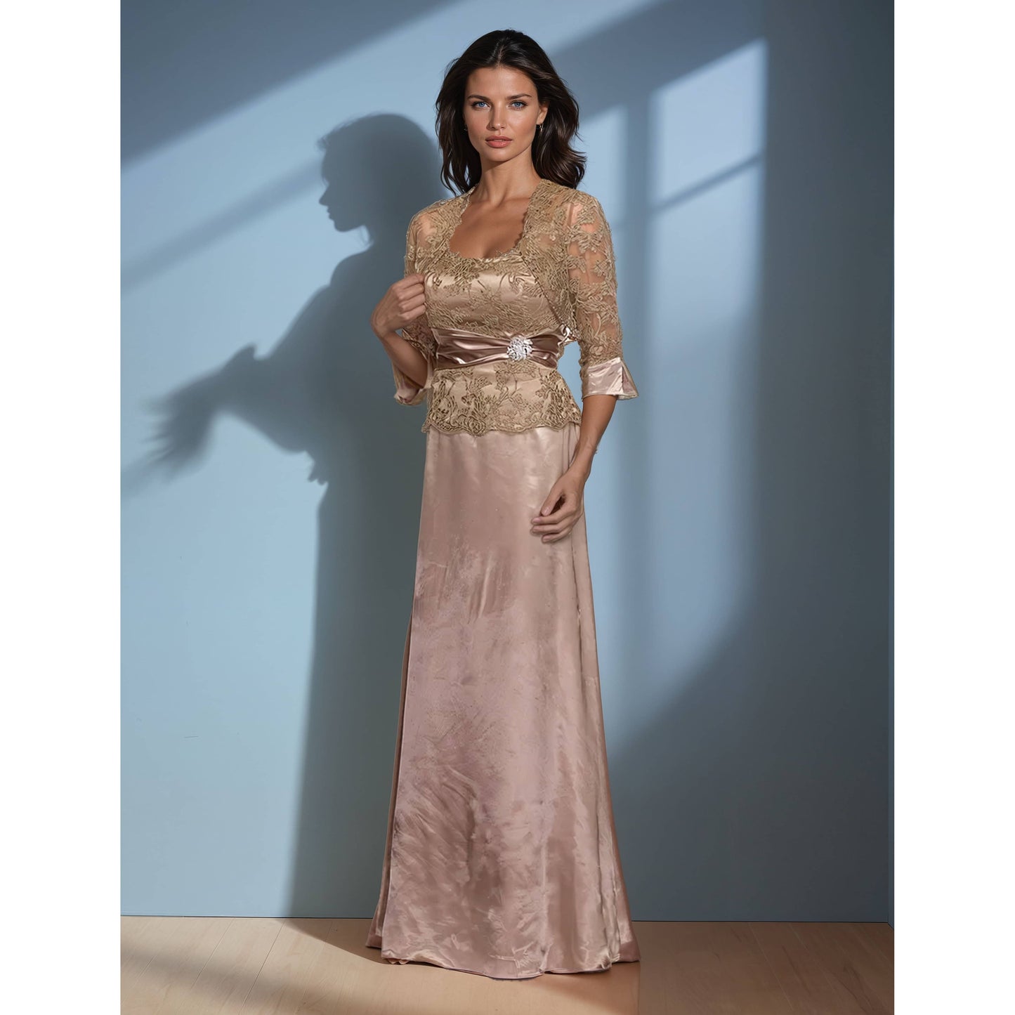SLEEVELESS LONG DRESS WITH LACE BOLERO