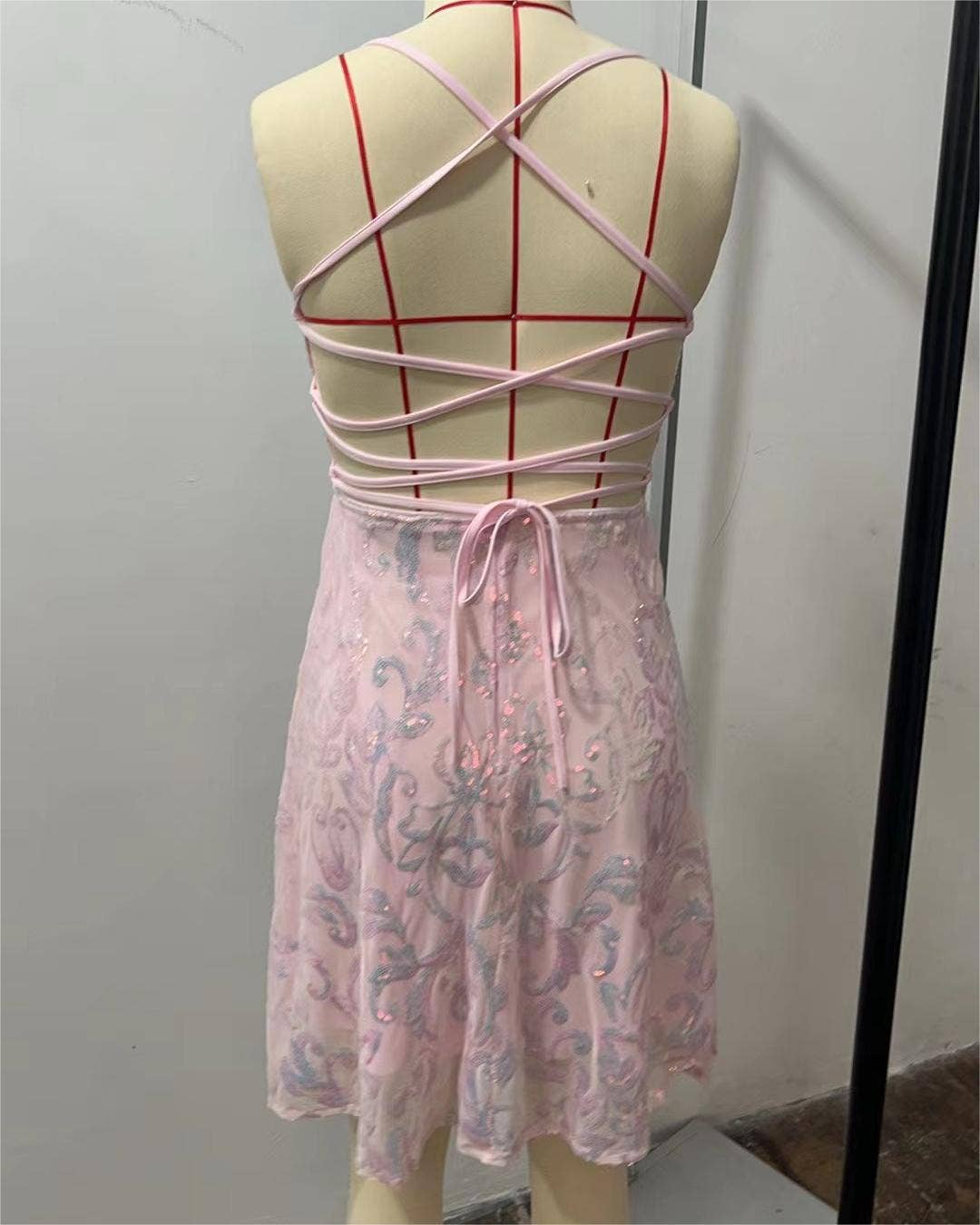 Backless embroidery sequin strap dress