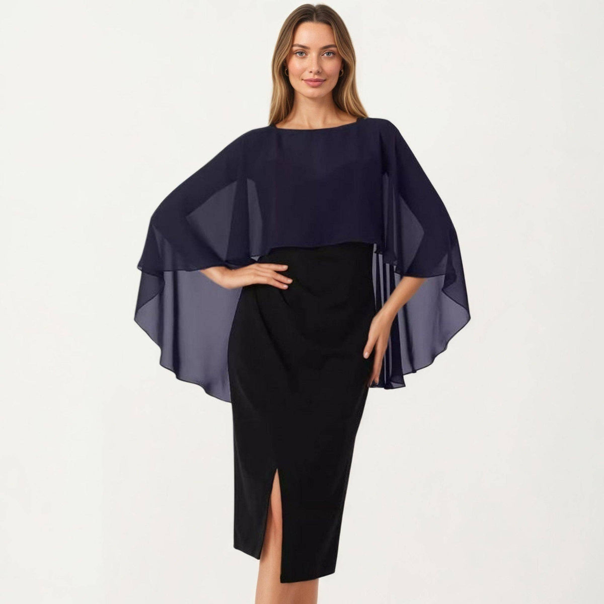 Flowing Chiffon Capelet Top with Layered Draped Sleeves Soft Sheer Overlay and Elegant Silhouette 19in