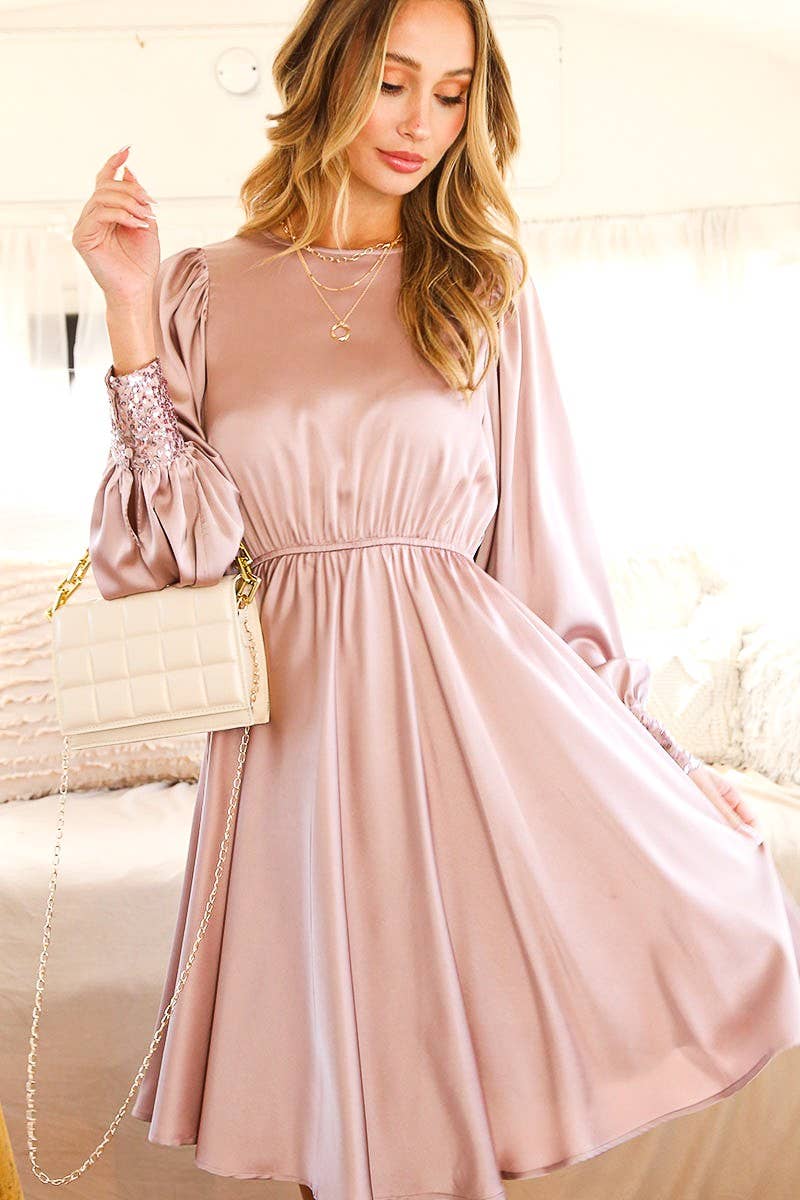 Satin Knee Length Dress with Sequin Detail Cuffs