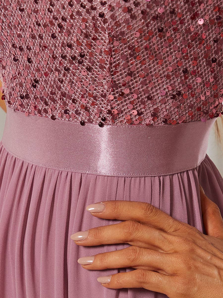Elegant Round Neckline Sequins Patchwork Dress